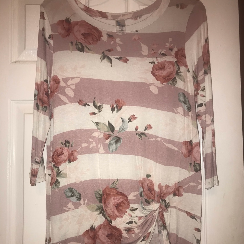 Pink and white stripe top with floral detail